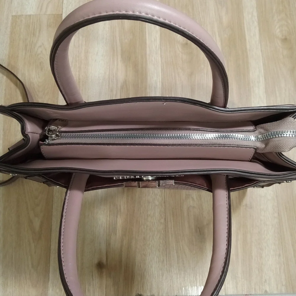 Adrienne Vittadini Pink‎ Croc Embossed Studded Satchel Handbag Crossbody Bag